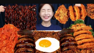 mukbang asmr jjapagetti &jjajang squid ,Enoki mushroom