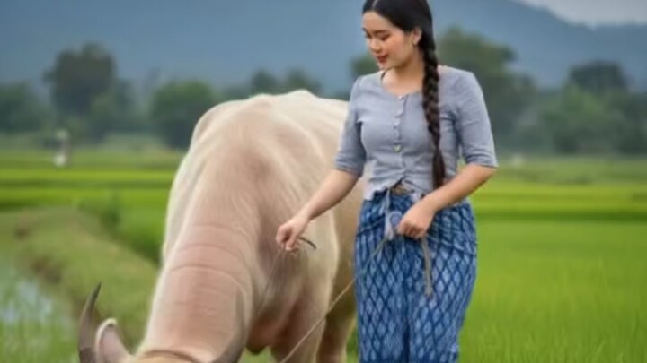 Woman and buffaloes in field.