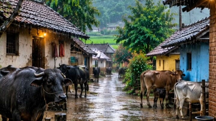 “Rainy Village Life: Cows, Mud Roads & Monsoon Magic 🌧️🐃🏡”