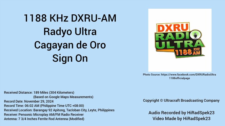 1188 KHz DXRU-AM Radyo Ultra Cagayan de Oro Sign On
