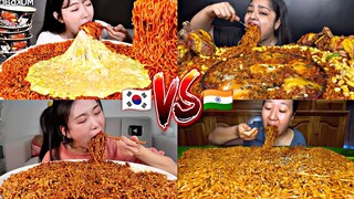 KOREAN VS INDIAN! EATING TONS OF SPICY NOODLES MUKBANG!🇰🇷🆚🇮🇳🌶️🌶️🌶️🔥🔥🔥