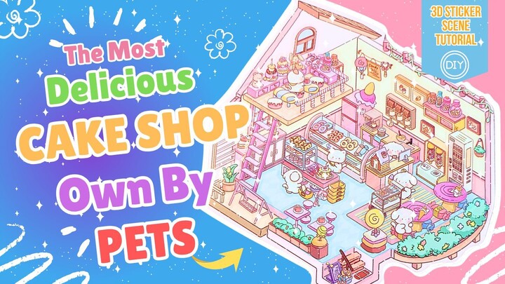 Kawaii Pets Cake Shop 🍰 🧁| DIY 3D Sticker Scene Craft Tutorial