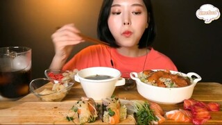 Cơm cá hồi, sushi cá hồi, kim chi trắng, canh rong biển 5 #amthuc