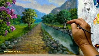 CARA MELUKIS - MENGGAMBAR PEMANDANGAN ALAM JALAN DAN SUNGAI / HOW TO DRAW A ROAD AND RIVER LANDSCAPE