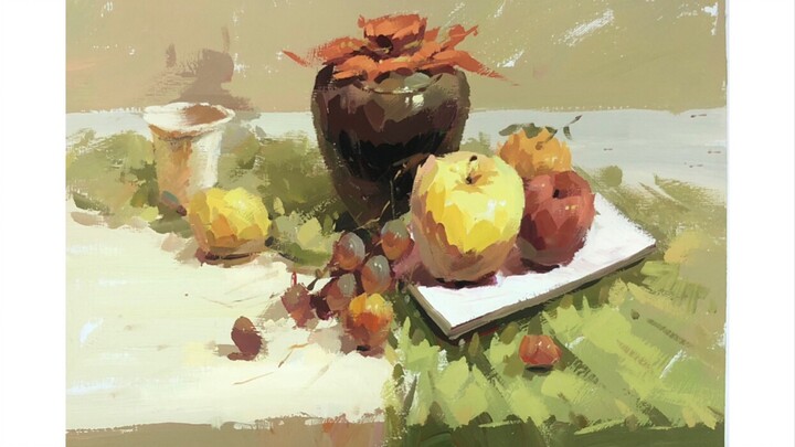 Fruit, clay pot, green interlining, art raw gouache, training camp, gouache still life before exam, 