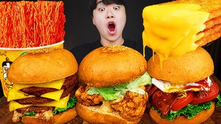 ASMR MUKBANG 직접 만든 치즈 햄버거 치즈스틱 불닭볶음면 치킨먹방! & 레시피 FIRE NOODLES AND CHEESE BURGER EATING SOUND!