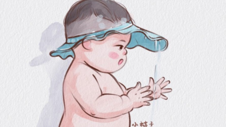 Chắc là lớn lên nhờ ăn đồ dễ thương nhỉ, đôi tay bụ bẫm chăm chú chơi nước đấy!