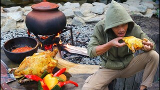 Roasted Chicken BBQ in Pot Recipe - Baked Chicken with Vegetable Eating with Chili Sauce in Garden