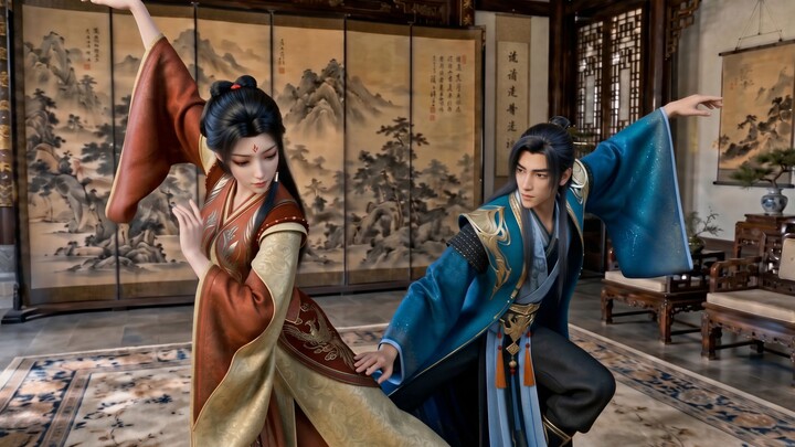Han Li and the young woman Nan Gong Wan (in disguise) jointly perform a tender classical dance title