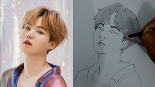 MENGGAMBAR SUGA BTS | HOW TO DRAW SUGA BTS