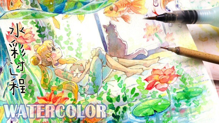 Paradise with cat water color painting process水彩过程