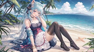 海滨夏日，青空猫娘！喵呜~【AI绘画】