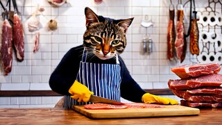 Chubby Tabby Butcher: A Salmon-Cutting Feline in the Shop