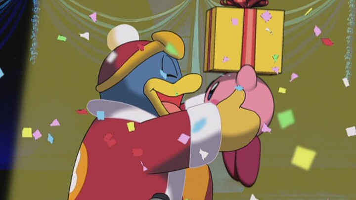 Kirby baby giving gifts to Dedede