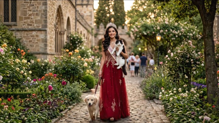Beauty, elegance & adorable companions in one magical moment. 👑🐱🐶✨