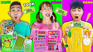 Thử Thách 100K Mua Đồ Dùng Học Tập Màu Sắc MÀU HỒNG , MÀU VÀNG , MÀU XANH - Ai Mua Được Nhiều Nhất ?