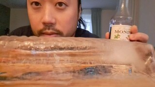 ASMR ICE BRICK & MONIN STRAWBERRY SYRUP SAUCE WITHOUT USING HANDS - EATING SOUNDS