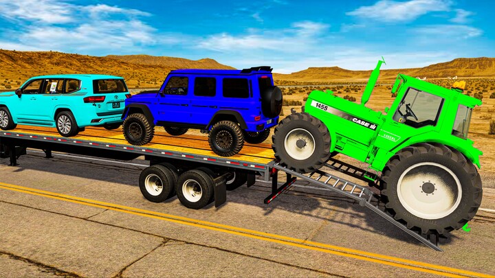 平板卡车麦昆或拖拉机 | 卡车运输 - 坑洼对决汽车 #3 BeamNG.Drive