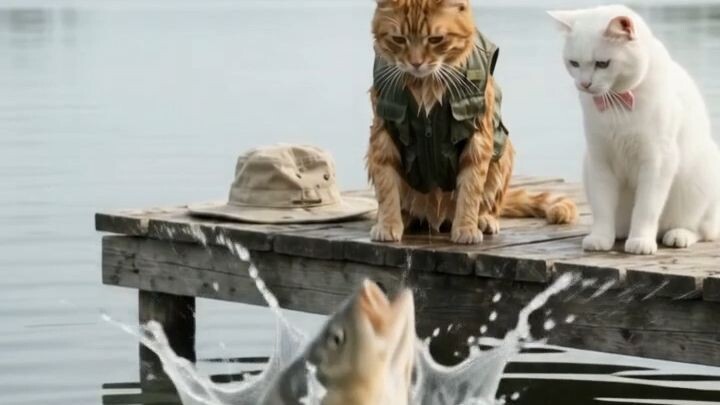 He promised to catch a huge fish for their romantic dinner… but the fish had other plans! 😹🎣