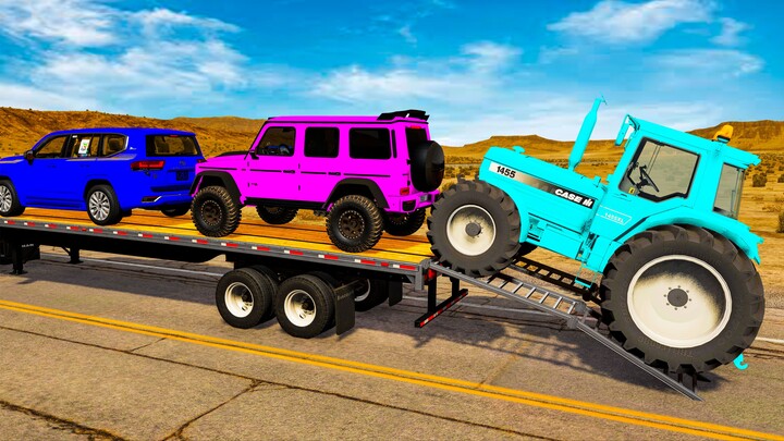 平板卡车麦昆或拖拉机 | 卡车运输 - 坑洼对决汽车 #2 BeamNG.Drive
