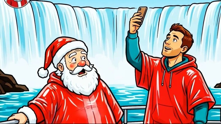 Santa Wears a Plastic Poncho Into a Wall of Water