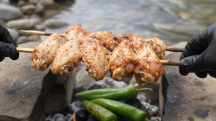 Crispy Riverbank Chicken Wings BBQ 🍗🔥 Wilderness ASMR Cooking (野外烤鸡翅)
