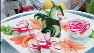 Gorgeous Swan Cucumber surrounded by blooming Radish  flowers & tomato butterfly/Carving Turorial