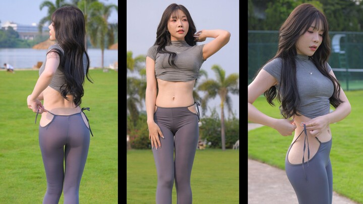 Chí Chí quần tập yoga áo cộc tay hở eo giày cao gót