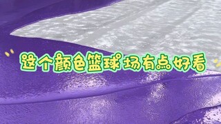 This color of basketball court is quite nice.