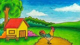 Menggambar pemandangan desa || Menggambar ayam di pekarangan
