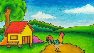 Menggambar pemandangan desa || Menggambar ayam di pekarangan