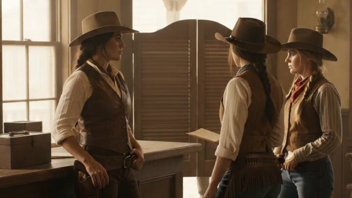 Cowgirls Confronting Outlaws in the Bank
