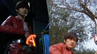 Perbandingan transformasi Kamen Rider Accel dan Terui Ryuu dalam periode waktu yang berbeda.