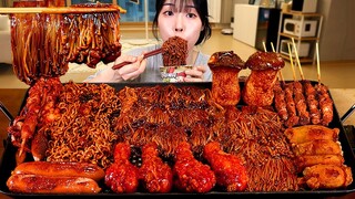 ASMR MUKBANG| 직접 만든 불닭 짜장 버섯 양념치킨 소세지 먹방 & 레시피 SPICY MUSHROOM AND FIRE NOODLES EATING