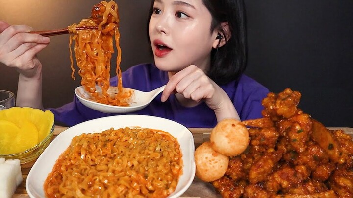 【Boki บรรยายจีน】วอนบกฮี ไก่ทอดไร้กระดูกรสเผ็ด, บะหมี่ไก่งวง, ลูกชีส เสียงจริง