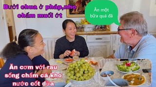 Ôxã ăn cơm rau sống chấm cá kho nước cốt dừa với mẹ vợ thích mê sạch nồi/nho bưởi chua chấm muối ớt