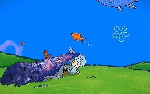 After being illuminated by the green moon, Squidward turned into a giant squid and almost ate Sandy.