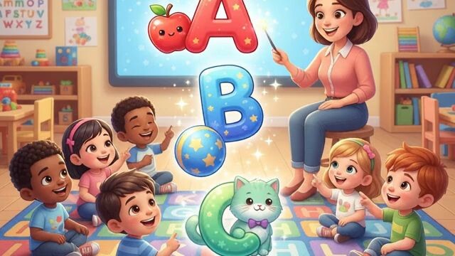 cute objects: A for Apple 🍎, B for Ball ⚽, C for Cat 🐱. Bright colors, cheerful