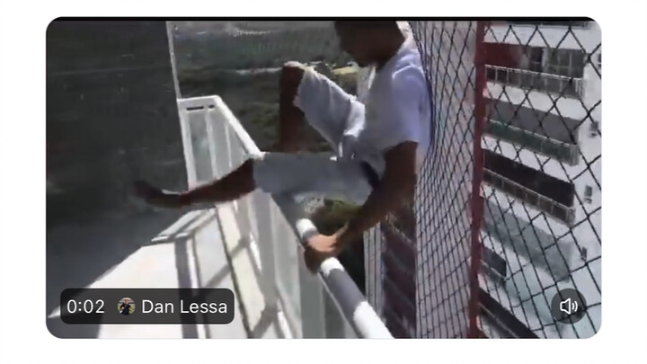 After installing a safety net for children on the 28th floor, this man tests its effectiveness.
