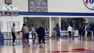 Joel Embiid is trying to impersonate James Hardens' step back.