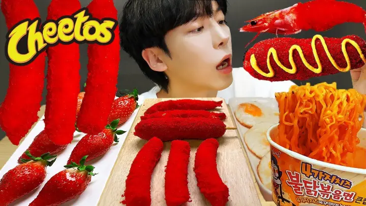 ASMR MUKBANG | 치즈 불닭볶음면 & 치토스 대왕 가래떡 핫도그 딸기 탕후루 먹방 & 레시피 Cheetos, Tanghulu EATING