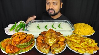 WATER RICE, HILSA FISH FRY, BRINJAL FRY, EGG OMELETTE, MASHED POTATO MUKBANG EATING SHOW | BIG BITES