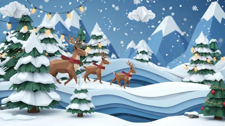 Reindeer with red harnesses walking through snow-covered forest with decorated trees and mountains