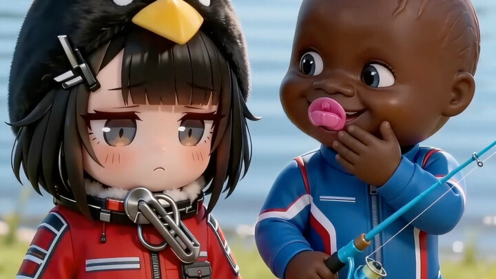 Cute Kids’ Fishing Battle! Penguin Girl vs. Little Black Kid—Who’s the Real Fishing Champion?