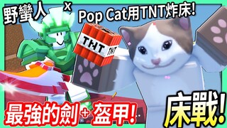 ROBLOX / 我用野蠻人升級到最強的劍+綠寶石盔甲！超猛Pop Cat用TNT炸開敵人床的防禦！【床戰 BedWars - 有感筆電】