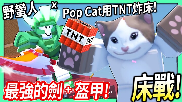 ROBLOX / 我用野蠻人升級到最強的劍+綠寶石盔甲！超猛Pop Cat用TNT炸開敵人床的防禦！【床戰 BedWars - 有感筆電】