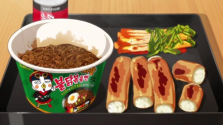 Mini game style first-person perspective show off the rice, fried turkey noodles + grilled rice saus