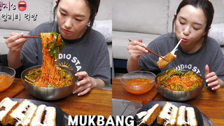 ทำบะหมี่กิมจิบิบิม ★ เบิร์น 😭 หมูทอดชีสปอเปี๊ยะเสียงจริงASMR MUKBANG