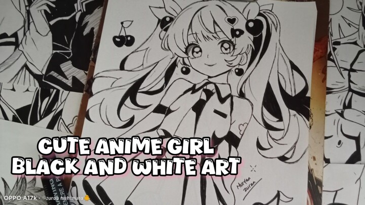 Cute Anime Girl || Black and White Art (SPEED DRAWING)