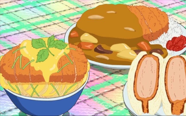 [Bab Makanan Doraemon] Potongan Daging Babi Lapis Melon Dorayaki, Kari Nasi, Kue Sandwich, Puding Bu